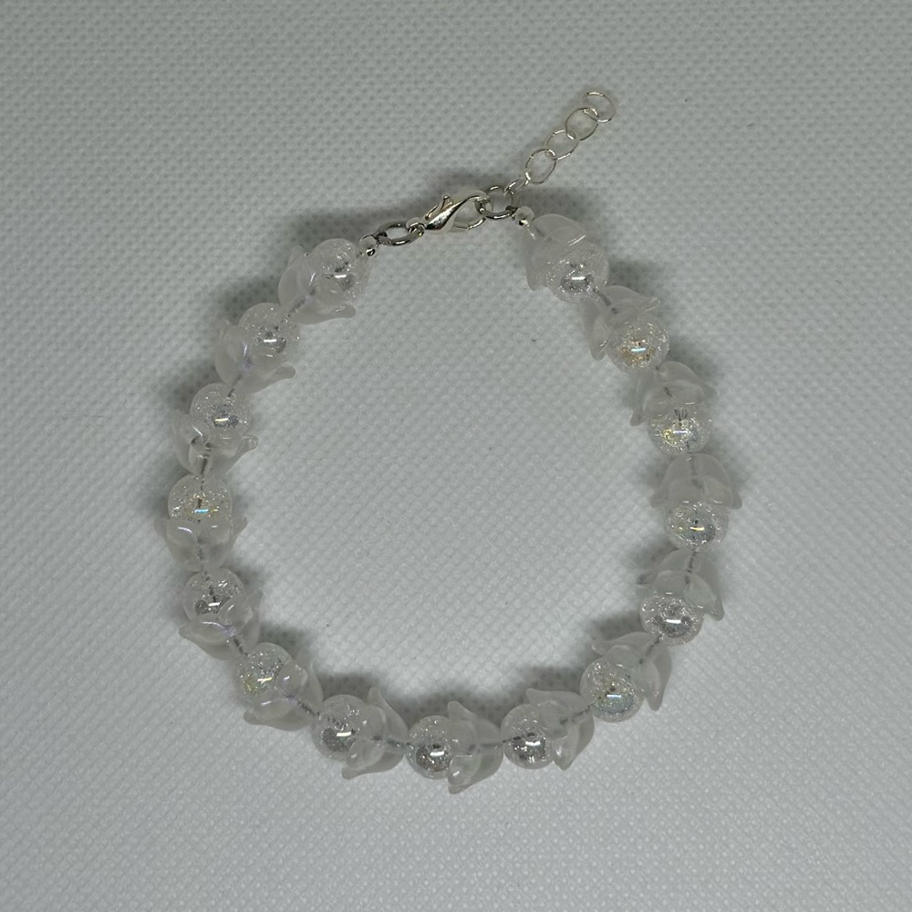 Handmade Silver Wire Bracelet with Iridescent Flower and Round Quartz Beads
